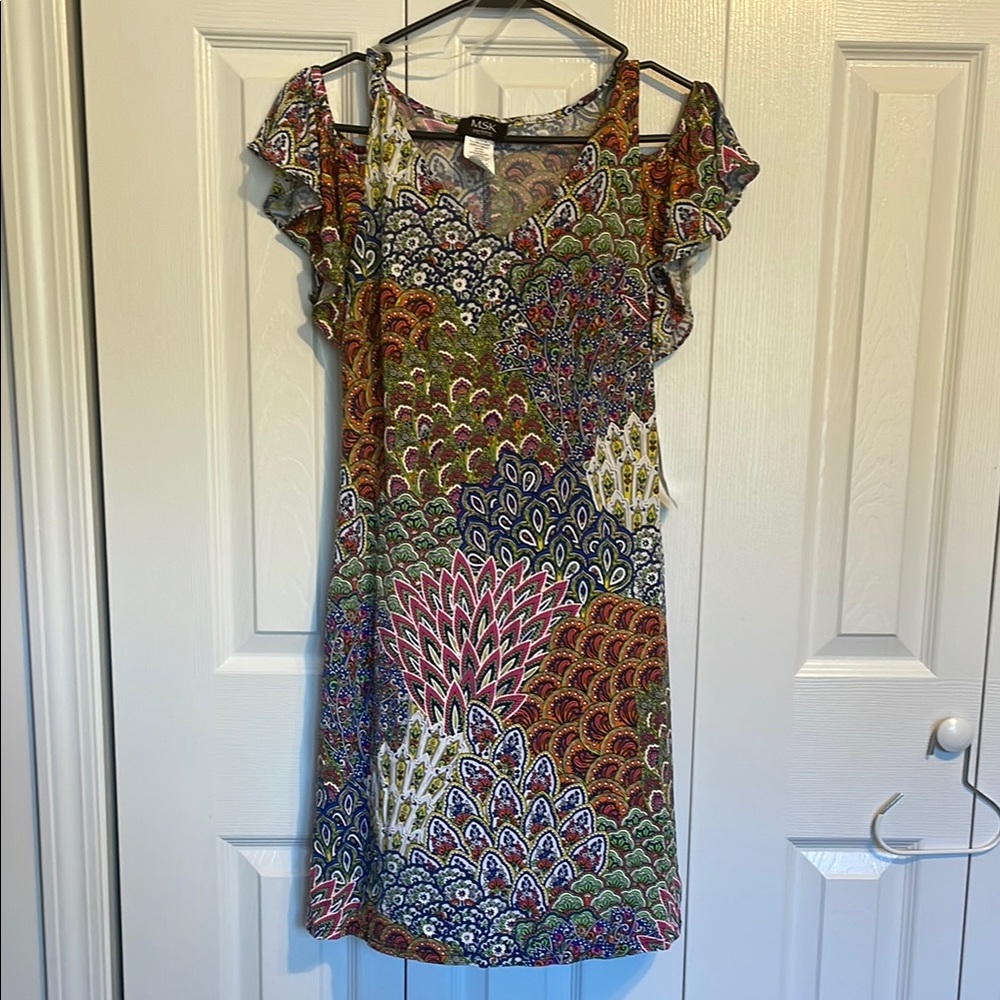 NWT MSK  starburst Blue and Orange Flutter Sleeve Sundress petite small